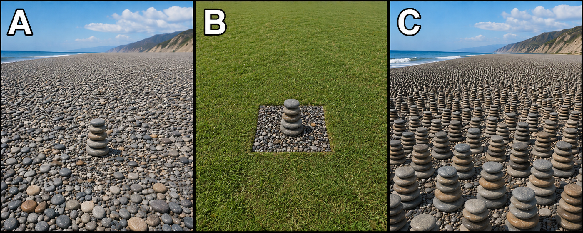 Three-panel beach analogy image. Scenario A shows a massive beach with one rare five-high stone stack. Scenario B shows a tiny square of stones with one five-high stack. Scenario C shows a massive beach with stacks nearly everywhere.